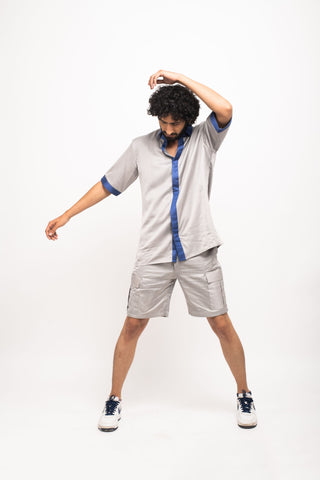 Grey-Blue Collar Colorblocked Shirt by WearVega.
