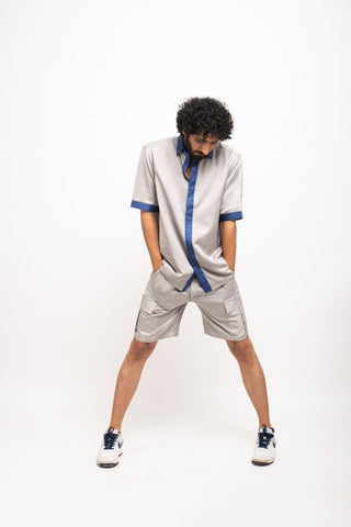 Grey-Blue Collar Colorblocked Shirt by WearVega.
