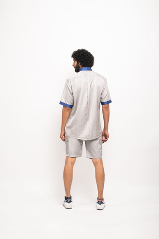 Grey-Blue Collar Colorblocked Shirt by WearVega.