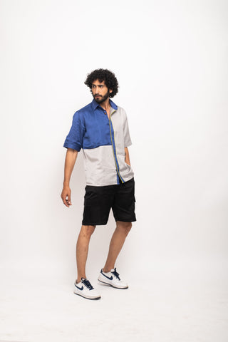 Grey-Blue Colorblocked Shirt by WearVega.