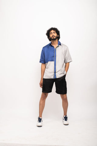 Grey-Blue Colorblocked Shirt by WearVega.