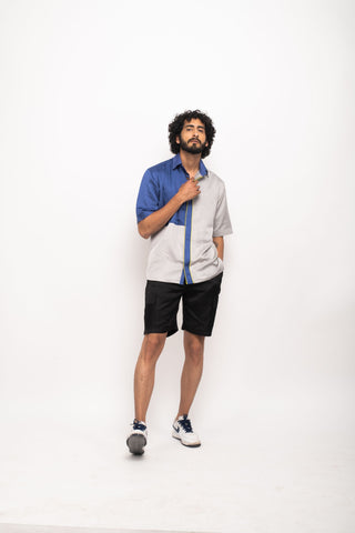 Grey-Blue Colorblocked Shirt by WearVega.