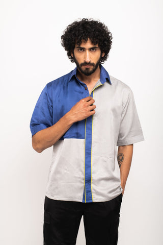 Grey-Blue Colorblocked Shirt by WearVega.
