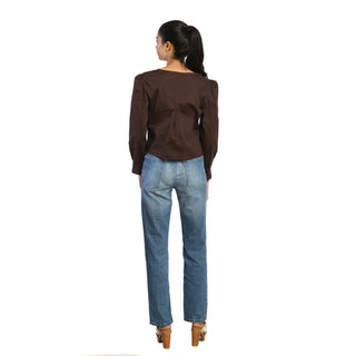 Plain brown v-neck top back view