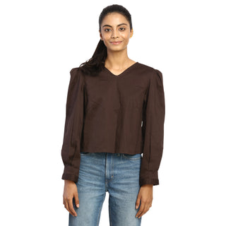Plain brown v-neck top front view