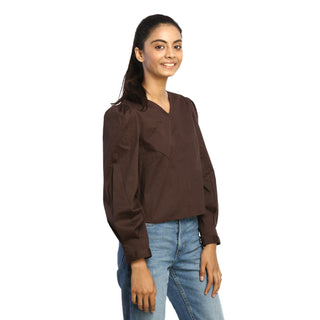 Plain brown v-neck top side view