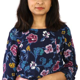 Blue floral print roll-up sleeves top front view