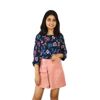 Blue floral print roll-up sleeves top in front view