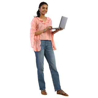 Relaxed Ruffle Sleeves Frill Top with laptop