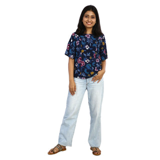 Moss crape floral boat neck top front view