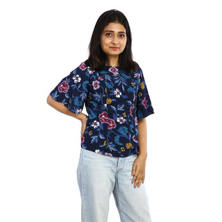 Moss crape floral boat neck top top view