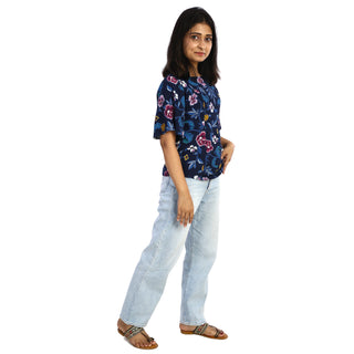 Moss crape floral boat neck top side view