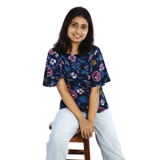 Moss crape floral boat neck top