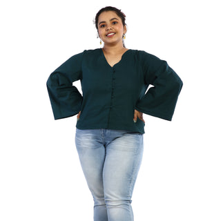 Button-up emerald green top in top view