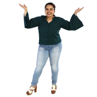 Button-up emerald green top front view