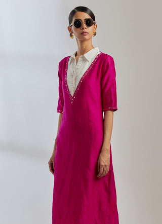 Pink Raw Silk Collared Kurta