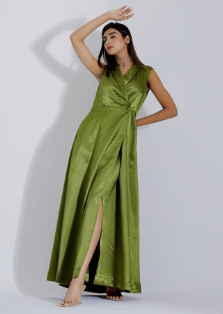 Wrap Satin Olive Green Gown
