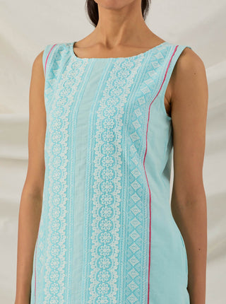 Blue Chikankari Afroza High Low Kurta and Palazzo with lace detail closed vie