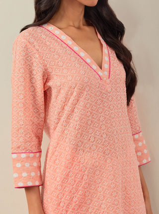 Peach Chikankari Kali Short Kurta and Palazzo with lace detail & Dupatta (Set of 3) Close View