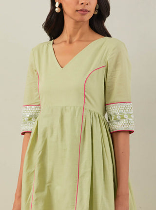 Green Plain Markab Anarkali Kurta With Chikankari Border and Palazzo with lace detail & Dupatta (Set of 3) Zoom In View