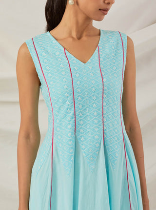 Blue Chikankari Mastani Kalidar A-Line Kurta and Palazzo with lace detail & Dupatta (Set of 3) Close View