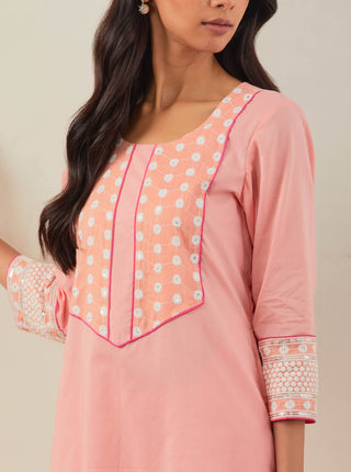 Peach Plain Rooh Straight Kurta With Chikankari Yoke Details Zoom In View