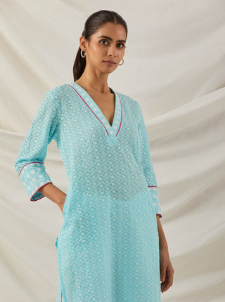 Blue Chikankari Kali Short Kurta and Palazzo with lace detail & Dupatta top close view 