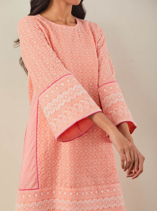 Peach Chikankari Pak Wide Arm Kurta and Palazzo with lace detail & Dupatta (Set of 3) Close Kurta View