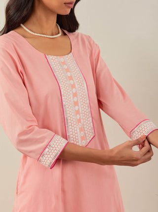 Peach Plain Rozana Straight Kurta With Chikankari Placket and Palazzo with wide lace detail (Set of 2) Close view
