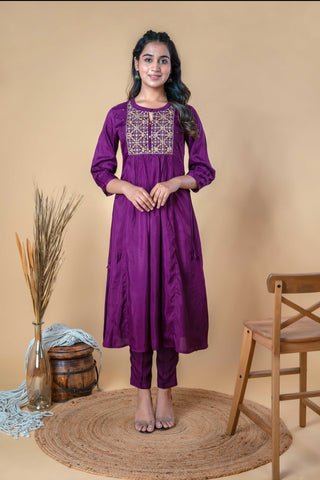Wine Purple Zari Embroidered Pure Silk A-line Kurta Set - Set of 2
