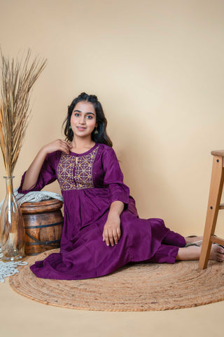 Wine Purple Zari Embroidered Pure Silk A-line Kurta Set - Set of 2