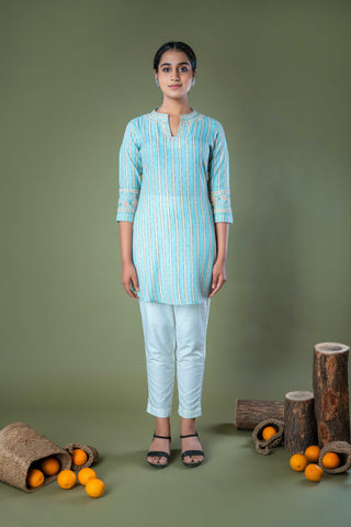 Blue Hand Embroidered Straight Cotton Top