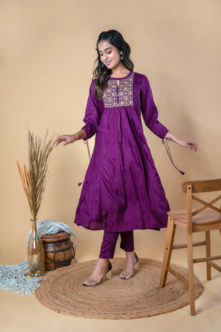 Wine Purple Zari Embroidered Pure Silk A-line Kurta Set - Set of 2