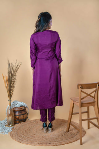Wine Purple Zari Embroidered Pure Silk A-line Kurta Set - Set of 2