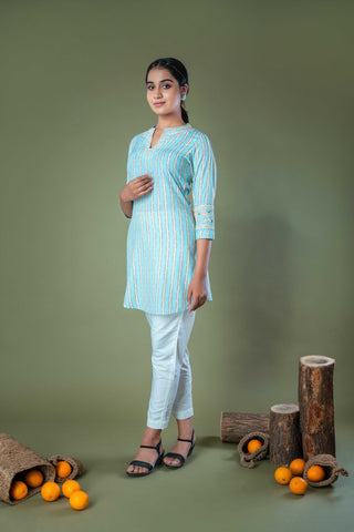 Blue Hand Embroidered Straight Cotton Top