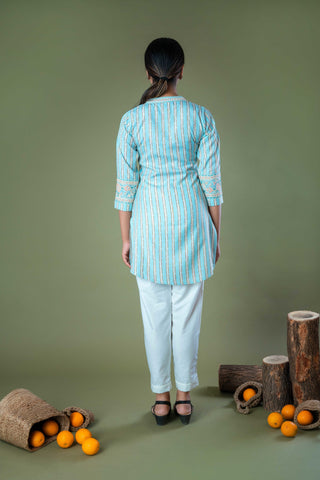 Blue Hand Embroidered Straight Cotton Top