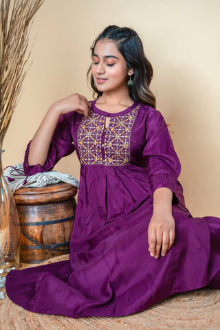 Wine Purple Zari Embroidered Pure Silk A-line Kurta Set - Set of 2