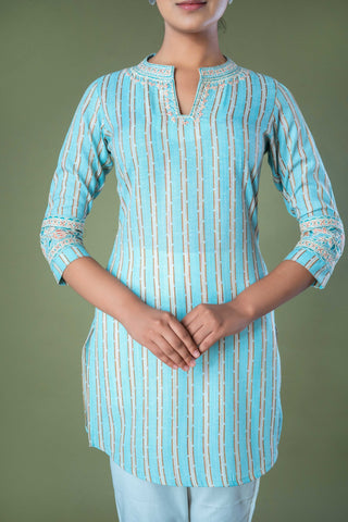 Blue Hand Embroidered Straight Cotton Top