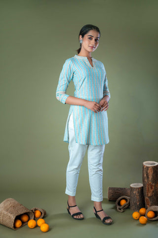 Blue Hand Embroidered Straight Cotton Top