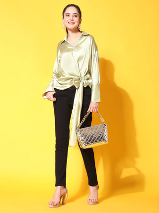 green satin knot satin shirt