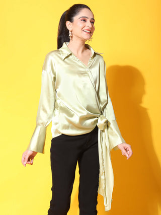 green side knot satin shirt side1