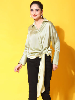 green side knot satin shirt side2